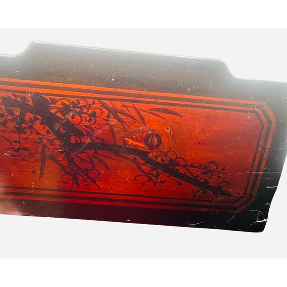 Antique Chinese Carved Red Lacquered Box with Lid & Side Drawer Signed on Bottom - Picture 5 of 12